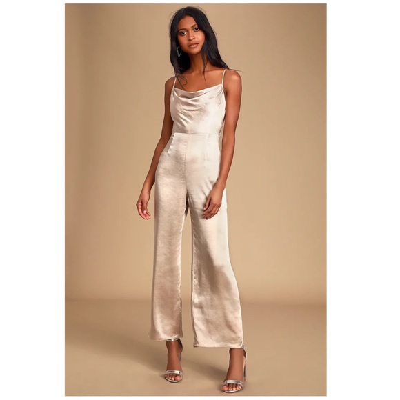 NEW WITH TAGS Satin Cowl Neck Tie Front Jumpsuit, Size Small - Picture 1 of 5